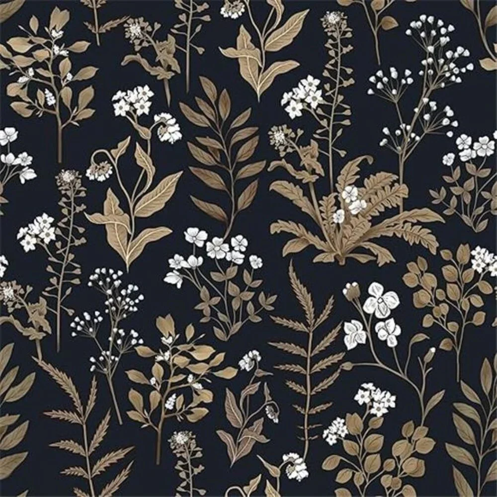 Black Floral Peel and Stick Wallpaper, Vintage Leaf Flower Contact